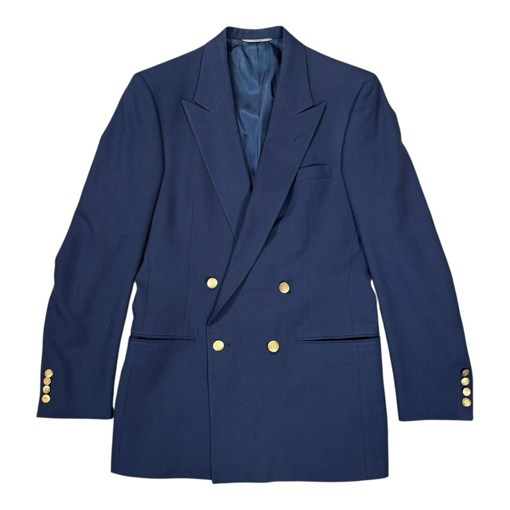 Vtg Christian Dior 39L Monsieur Double Breasted Blue Blazer Gold Button Preppy